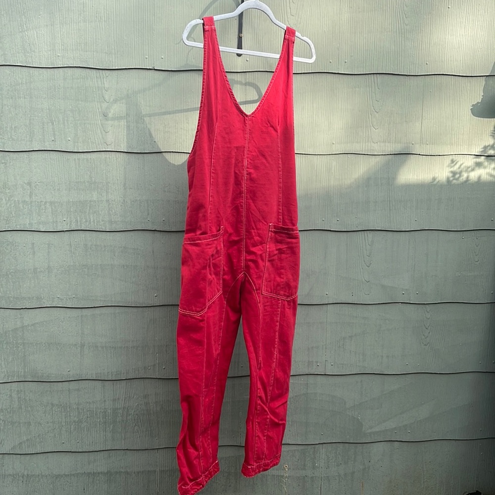 Free People Red denim Overalls Jumpsuit Small
